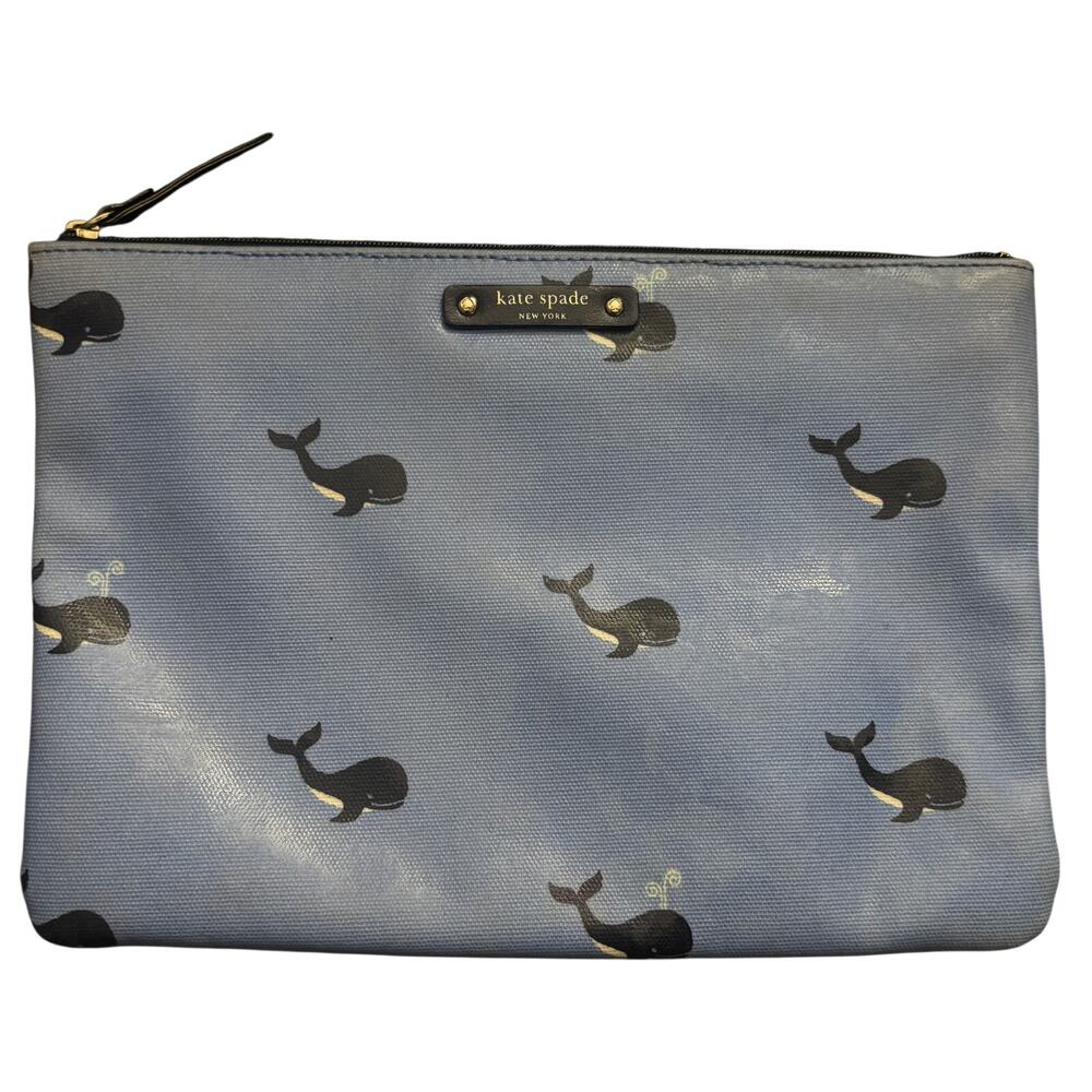 Kate Spade New York Whale Print Cosmetic Pouch Blue Zip Clutch Makeup Bag - Picture 1 of 10